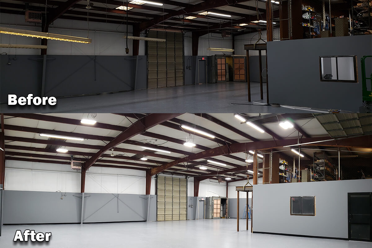 Auto shop LED lighting installation