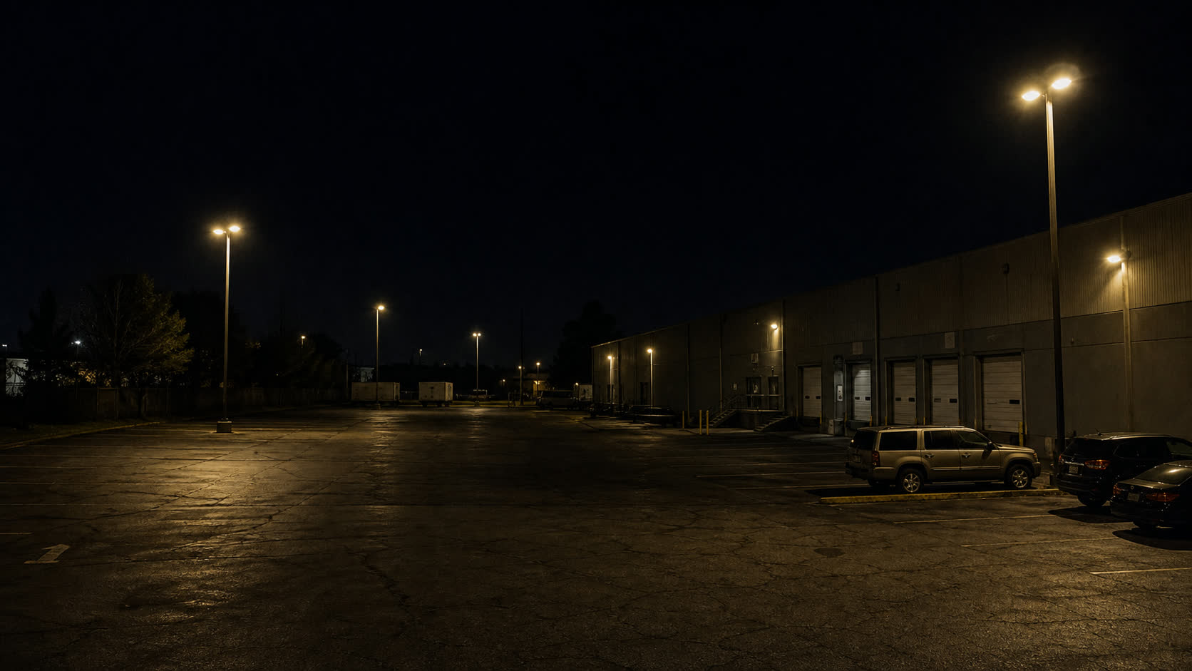 Dark commercial parking lot before LED lighting upgrade