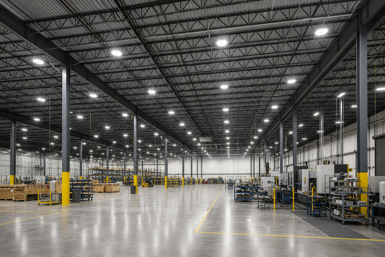 Industrial high bay LED lighting in manufacturing facility
