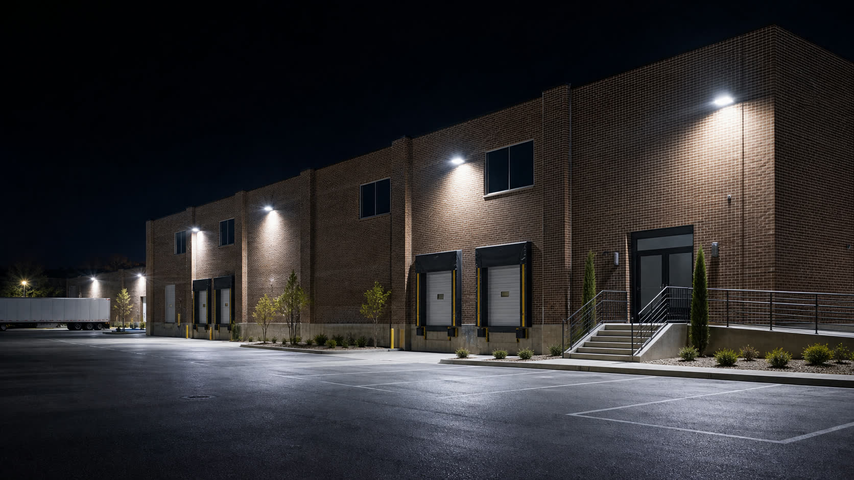 Brick commercial building with LED wall pack lighting at night