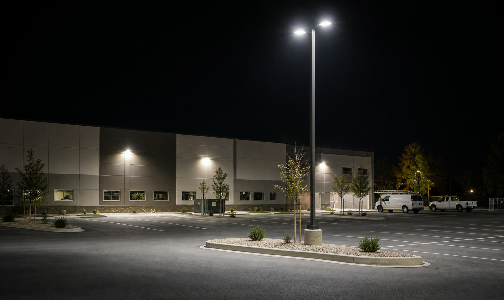 LED pole light in commercial parking lot at night