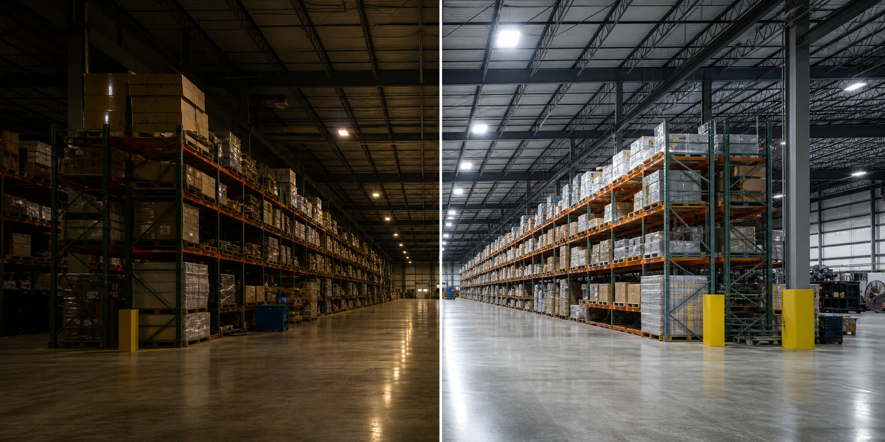 Before and after warehouse LED lighting upgrade